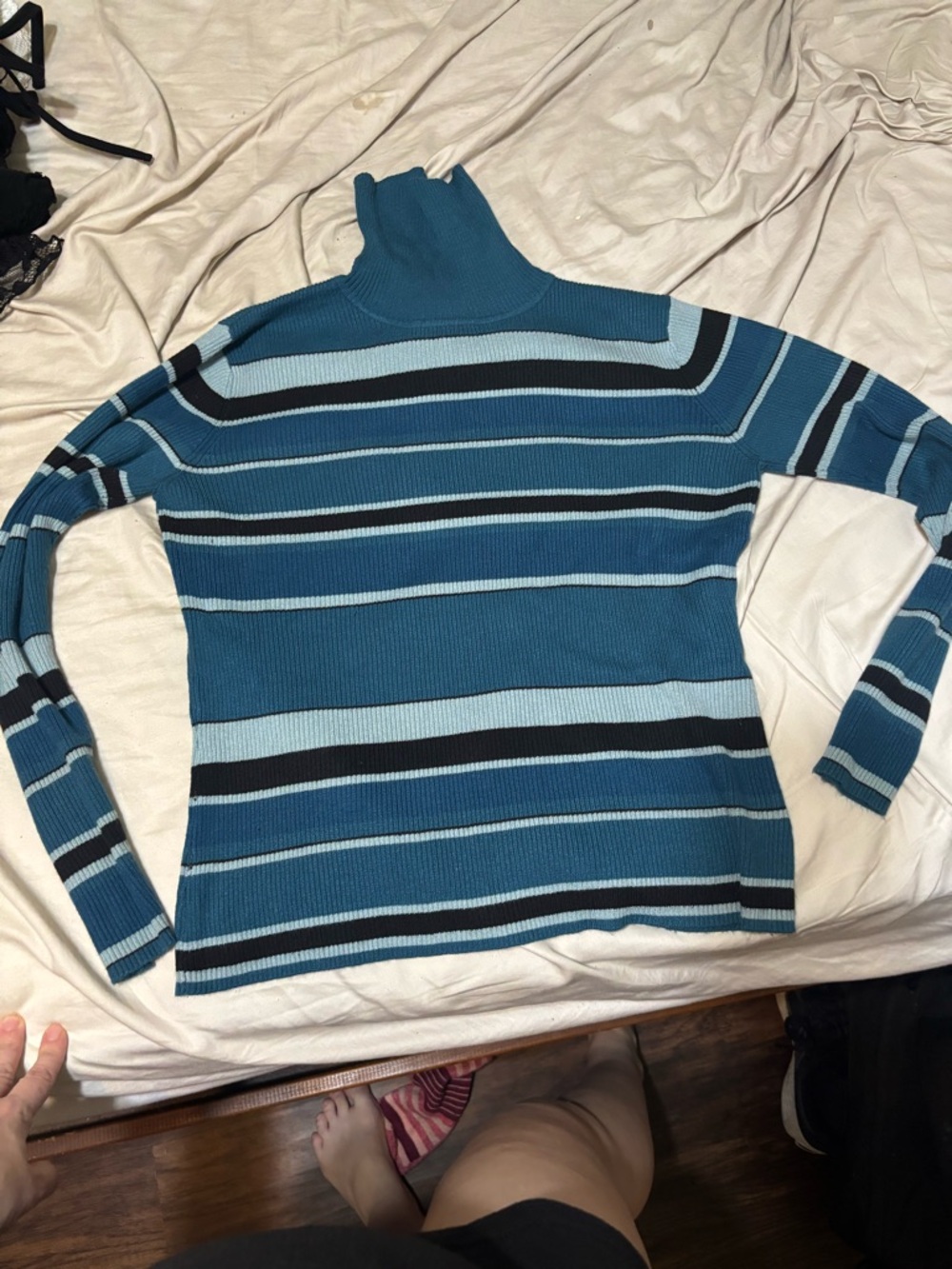 Worthington Teal, Light Blue & Black Striped Turtleneck Sweater